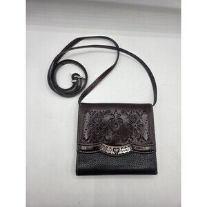 Brighton Crossbody Embossed Brown Black Leather Purse Silver Embellishments